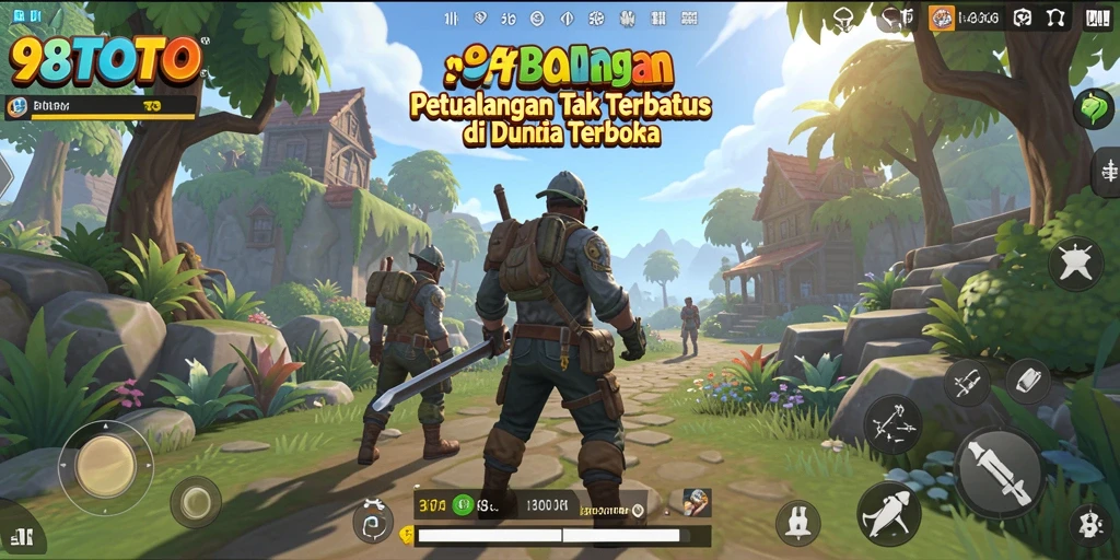 Screenshot gameplay 98TOTO menampilkan petualangan di dunia terbuka yang indah.