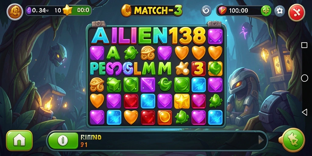 Tangkapan layar gameplay ALIEN138 yang menunjukkan serunya mencocokkan benda.
