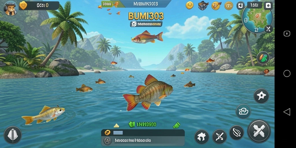 Screenshot gameplay BUMI303 dengan aktivitas memancing yang seru.