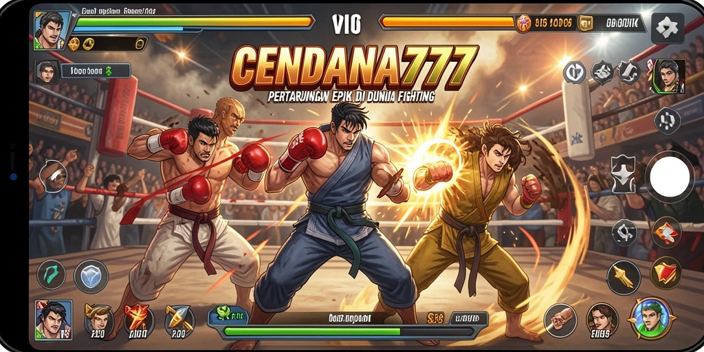 Screenshot CENDANA777 menampilkan karakter bertarung dalam arena yang dinamis.