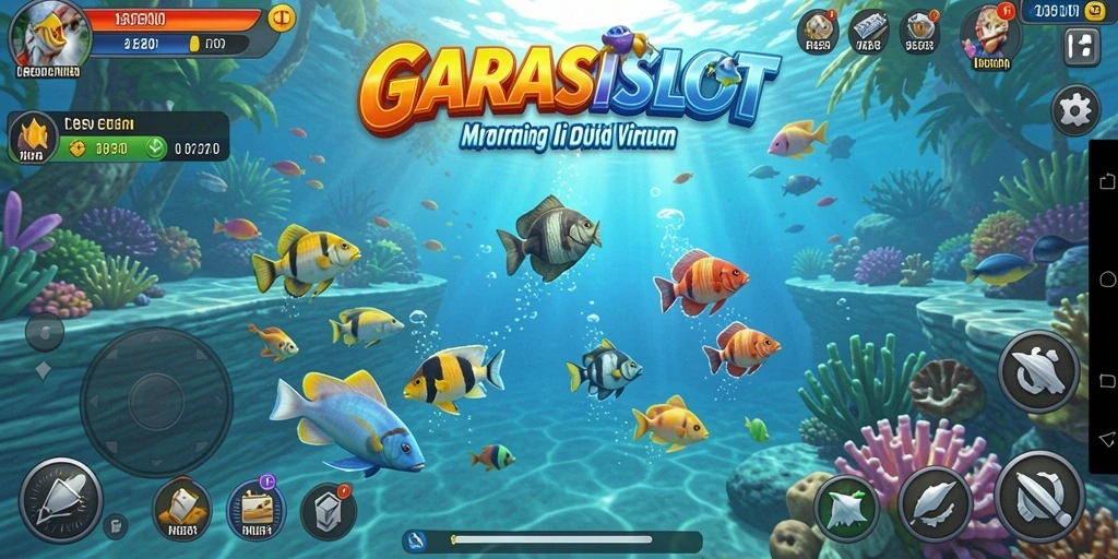 Screenshot gameplay GARASISLOT menampilkan aksi memancing di danau yang indah.
