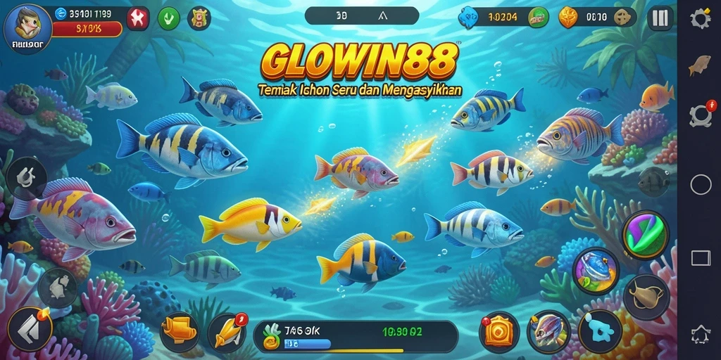 Tampilan gameplay Tembak Ikan GLOWIN88 yang penuh aksi.