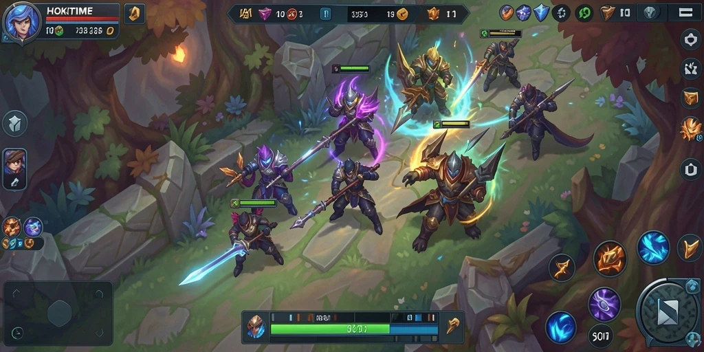 Tampilan menarik gameplay HOKITIME dalam pertempuran tim MOBA.