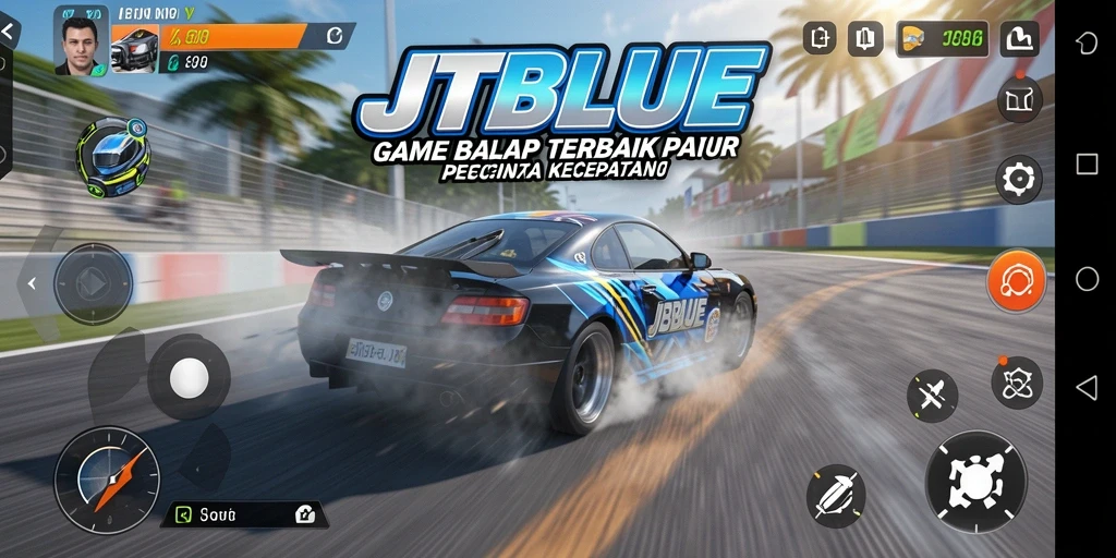 Screenshot JTBLUE menampilkan aksi balap mendebarkan dengan kendaraan yang melaju kencang.