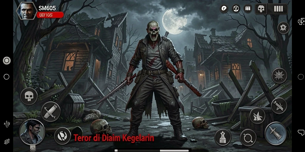 Screenshot gameplay SM605 menampilkan suasana mencekam yang menakutkan.