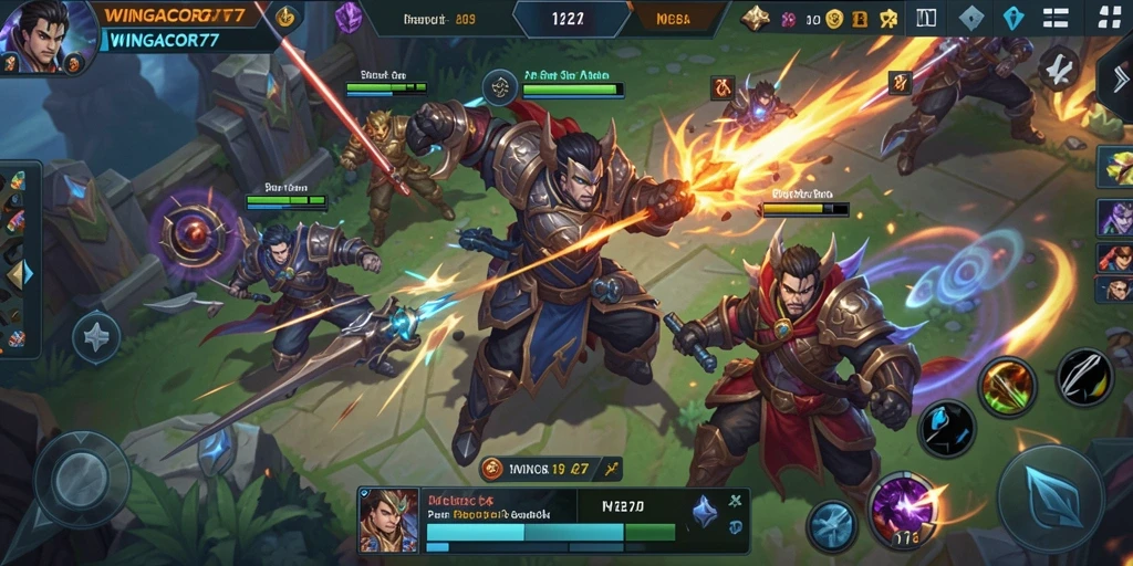 Screenshot gameplay WINGACOR77 menampilkan aksi pertempuran epik dan karakter yang dinamis.